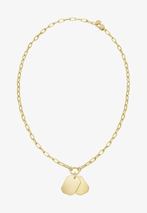 Zlatý řetízek s oválnými články, na kterém ve středu visí dva geometrické přívěsky. Hladký povrch a leštěný finiš.