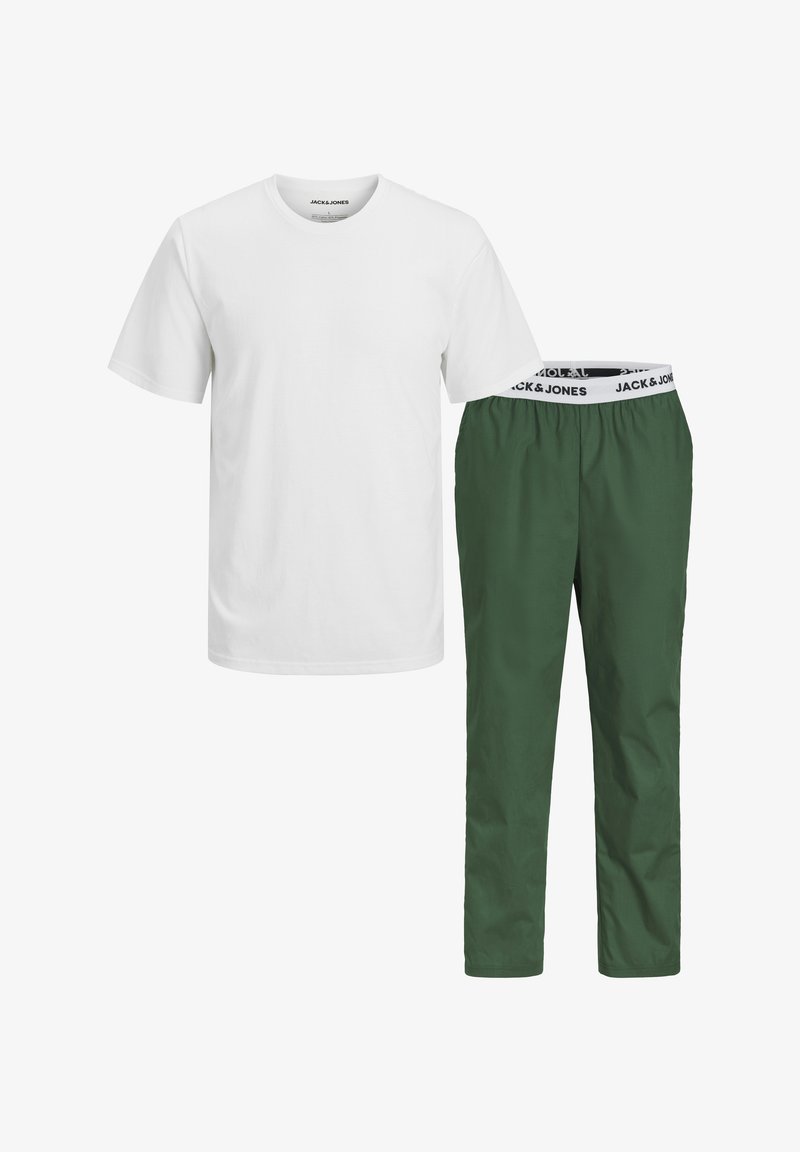 White cotton t-shirt with short sleeves and round neckline, paired with green nylon pants featuring an elastic waistband with logo accents.