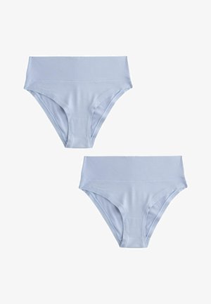 Hele sinised puuvillased hipster-tüüpi püksikud, millel on sile tekstuur, lai vöökoht ja kõrge lõikega säärised. Kuvatud kaks tükki.