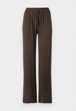 Brown wide-leg pants with an elastic waistband and drawstring. Textured material with vertical stripe pattern. Straight-cut legs.