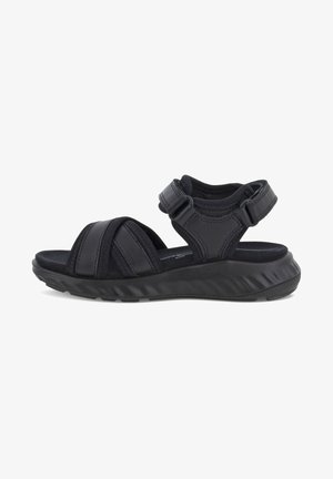 Black sandals with multiple adjustable straps, a cushioned footbed, and a textured rubber sole for enhanced grip and support.