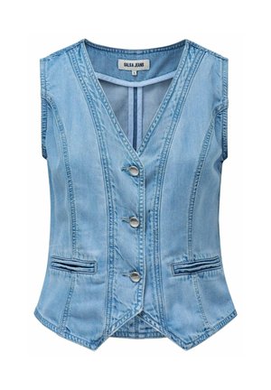 Chaleco sin mangas de mezclilla azul claro con escote en V, tres botones metálicos, dos bolsillos frontales con abertura y detalles de paneles cosidos.