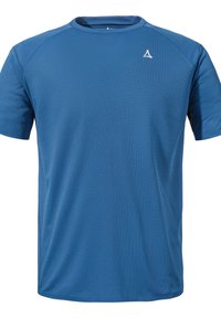 Blaues Sport-T-Shirt in einem strukturierten Rautenmuster. Mit kurzen Ärmeln und rundem Ausschnitt. Kleines weißes Logo auf der Brust.