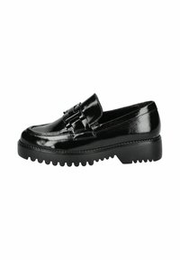 Schwarze Lackleder Slipper mit einer robusten Gummisohle und einer dekorativen Schnalle an der Vorderseite. Glatte Oberfläche mit einer Steppnaht entlang der Kanten.