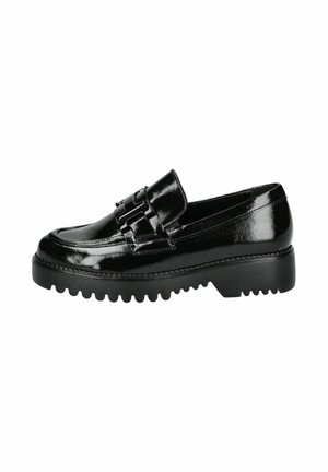 Black patent leather loafers with a chunky rubber sole and a decorative buckle on the front. Smooth finish with stitching detail along the edges.