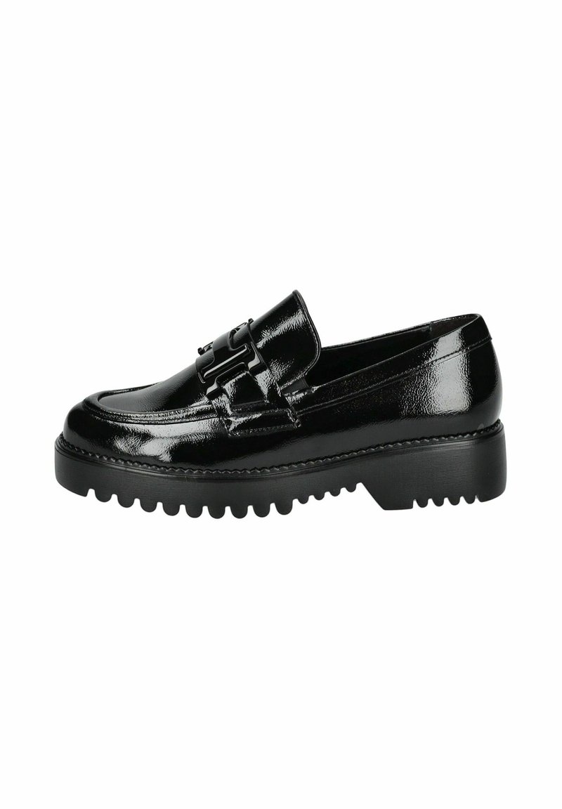 Schwarze Lackleder Slipper mit einer robusten Gummisohle und einer dekorativen Schnalle an der Vorderseite. Glatte Oberfläche mit einer Steppnaht entlang der Kanten.