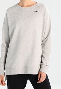 Sweat-shirt gris à col ras du cou et manches longues. Présente un logo Nike noir sur la poitrine. Fabriqué en tissu doux et texturé.