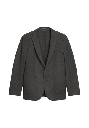 Blazer da uomo grigio scuro con rever a taglio, due bottoni e tre tasche frontali, esposto su uno sfondo bianco.