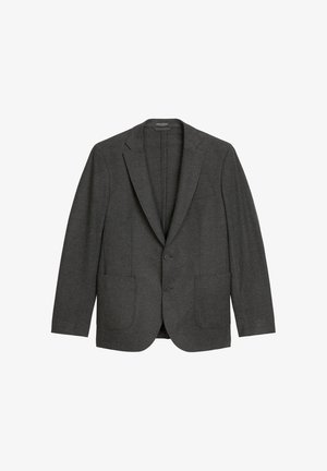 Blazer da uomo grigio scuro con rever a taglio, due bottoni e tre tasche frontali, esposto su uno sfondo bianco.