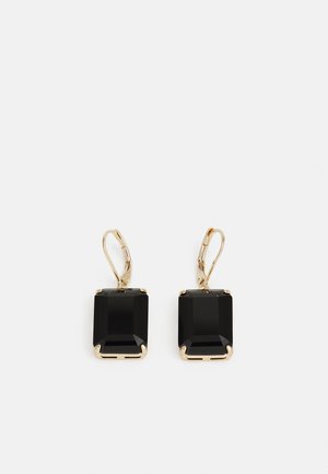 Black square gemstone earrings with gold-tone hardware. The gemstones have a faceted cut and are set in a four-prong design.