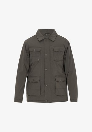 Jasnozielona, lekka kurtka z zapięciem na guziki, spiczastym kołnierzykiem i czterema przednimi kieszeniami z zapięciem na napy. Gładka tekstura.