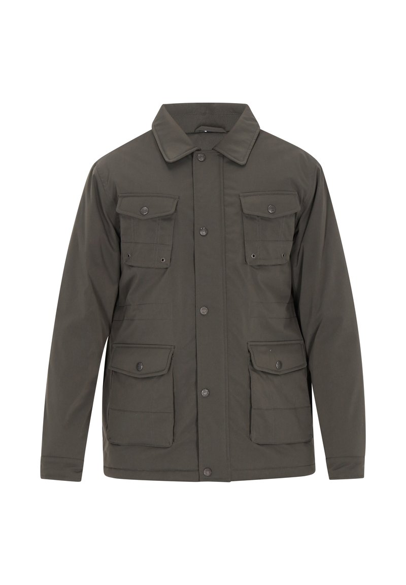 Giacca leggera verde oliva con chiusura a bottoni, colletto a punta e quattro tasche frontali con chiusure a scatto. Texture liscia.