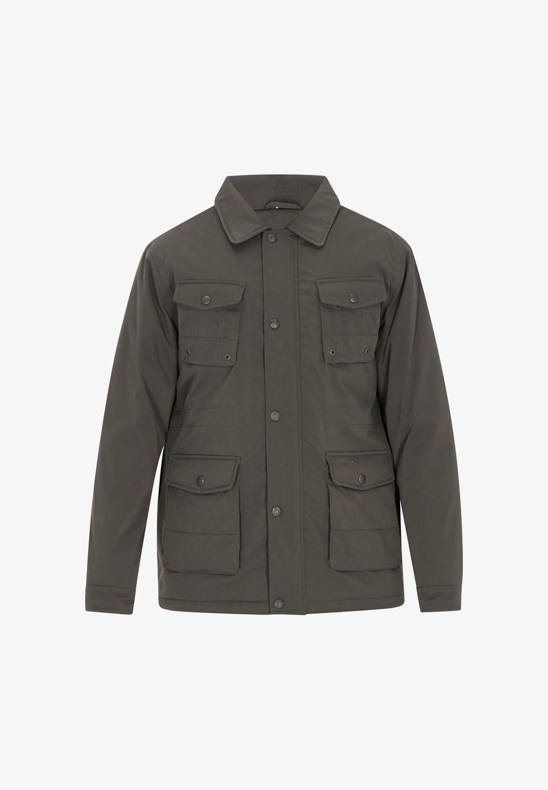 Giacca leggera verde oliva con chiusura a bottoni, colletto a punta e quattro tasche frontali con chiusure a scatto. Texture liscia.