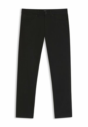 Black slim-fit jeans with button and zipper closure, front and back pockets, laid flat on white background.