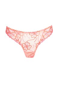 Lace thong in light pink with floral embroidery. Features scalloped edges and intricate detailing in shades of pink and orange.