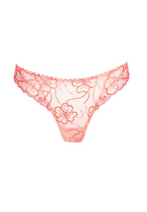 Lace thong in light pink with floral embroidery. Features scalloped edges and intricate detailing in shades of pink and orange.