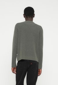 Άτομο με κοντά σγουρά μαλλιά που φοράει γκρι πλεκτό πουλόβερ και μαύρο τζιν, στεκόμενο μπροστά σε απλό λευκό φόντο.