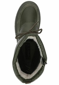 Botas de tobillo verdes con un material exterior liso y brillante, forro de forro polar, punta redondeada y cordones en la parte delantera. Presenta una cremallera en el lateral.