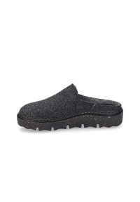 Dark gray felt clogs with a textured upper, slip-on design, and a chunky, speckled black sole featuring a patterned tread.