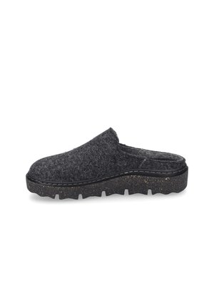 Dark gray felt clogs with a textured upper, slip-on design, and a chunky, speckled black sole featuring a patterned tread.