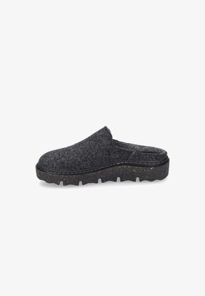 Dark gray felt clogs with a textured upper, slip-on design, and a chunky, speckled black sole featuring a patterned tread.