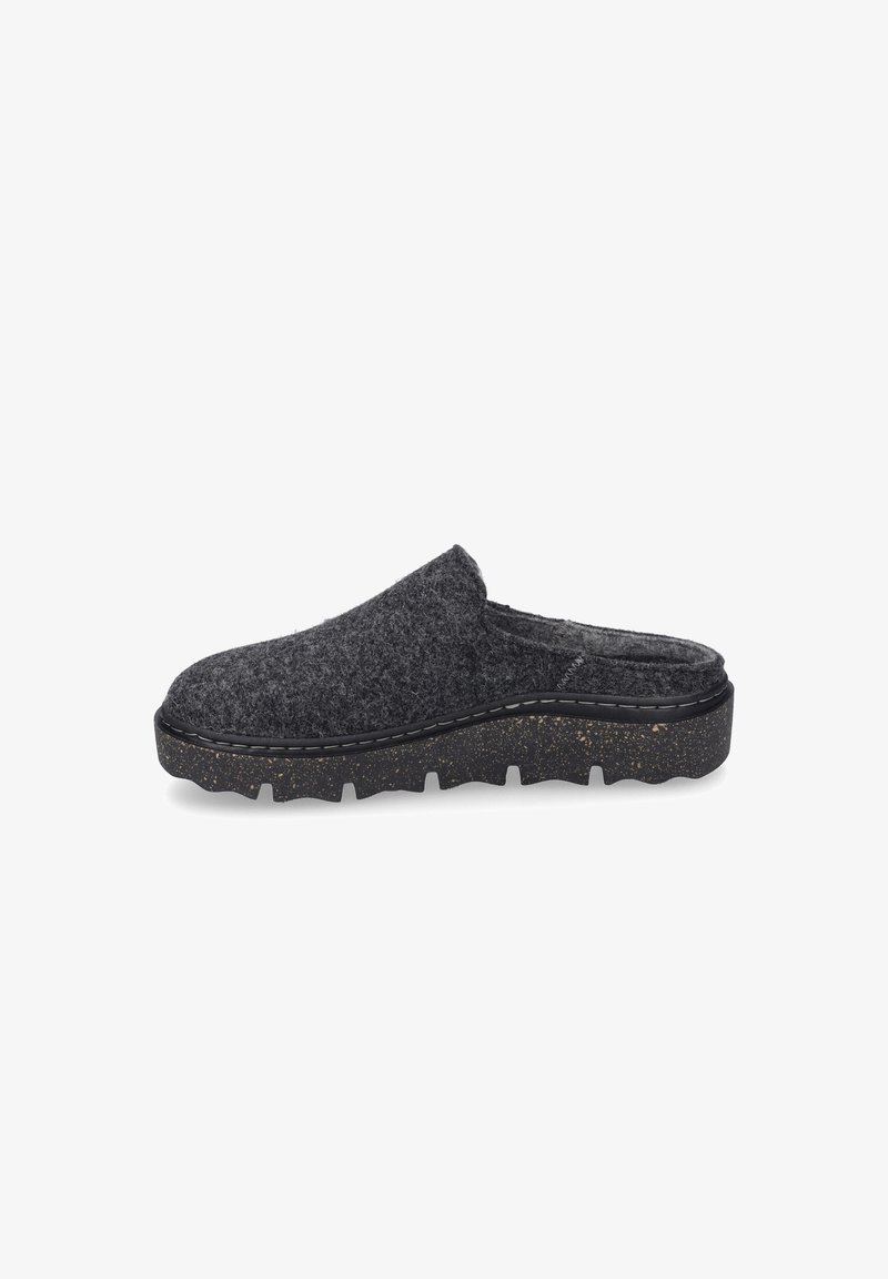 Dark gray felt clogs with a textured upper, slip-on design, and a chunky, speckled black sole featuring a patterned tread.