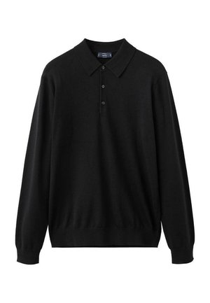 Svart långärmad pikétröja i mjukt tyg, med krage, tre knappar och ribbade muddar och fåll.