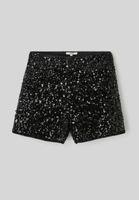 Shorts noirs en sequins avec une taille lisse, densément recouverts de sequins ronds brillants, présentant une coupe droite et un devant plat.