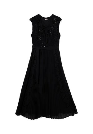 Schwarzes Kleid mit einem Rüschen-Oberteil, einem Taillengürtel zum Binden und einem plissierten Rock mit Spitzenakzenten. Am Rücken mit einem verdeckten Reißverschluss verschlossen.