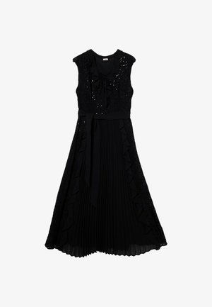 Vestido negro con cuerpo con volantes, cintura con lazo y falda plisada con detalles de encaje. Cerrado con una cremallera oculta en la parte trasera.