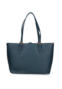 Borsa tote in pelle blu con finitura testurizzata, manici lisci e dettagli in metallo dorato. Design con apertura superiore e ampio spazio interno.
