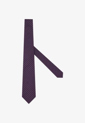 Donkerpaarse das met een slank, strak ontwerp, versierd met verspreide lichtblauwe stippen op een gladde stof. De stippen zijn uniform van grootte.