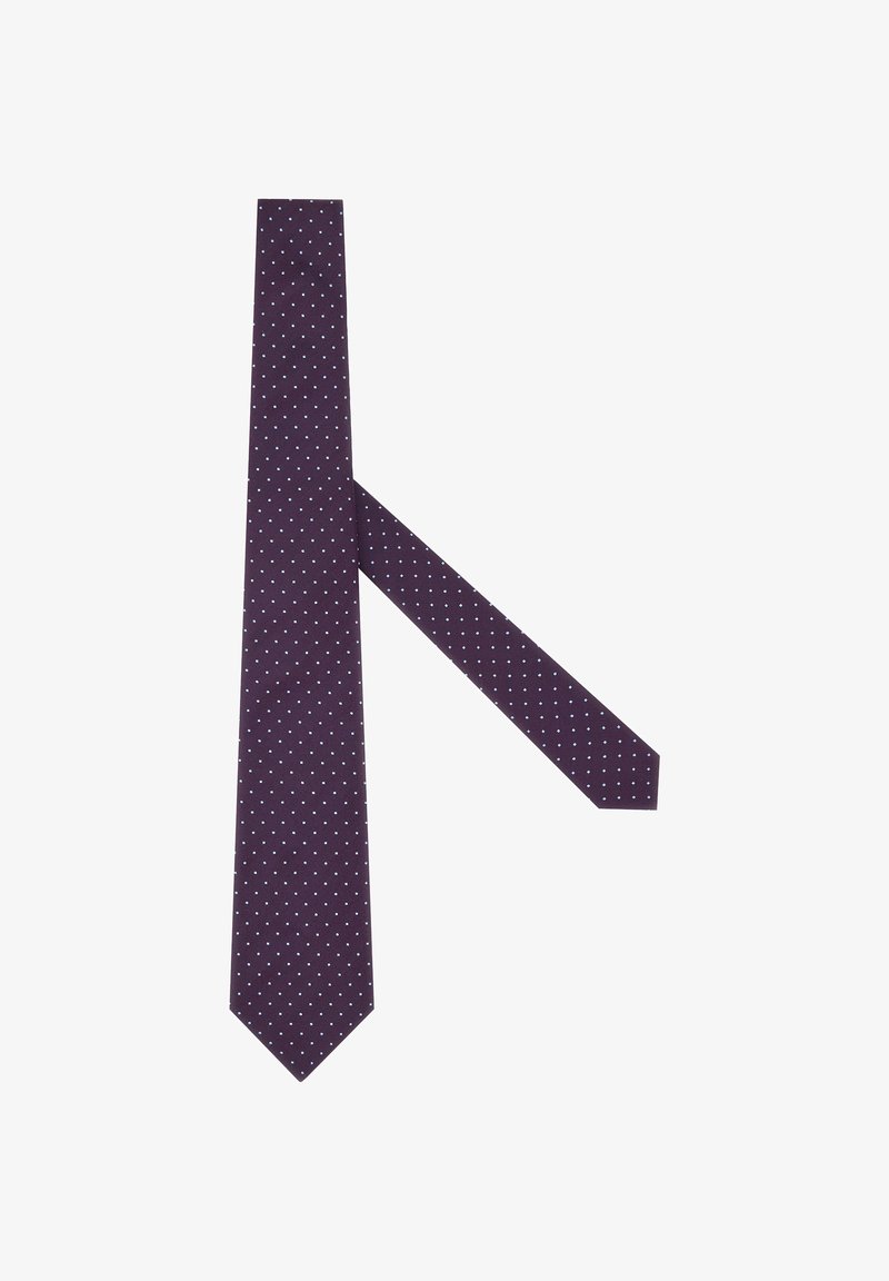 Temno vijolična kravata z ožjim, elegančnim dizajnom, ki vsebuje razpršene svetloplave pikice na gladkem blagu. Pikice so enakomerne velikosti.