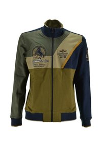 Giacca zip con colletto alto in khaki e navy. Presenta grafiche aviatore ricamate e un design a blocchi di colore. Realizzata in misto cotone.