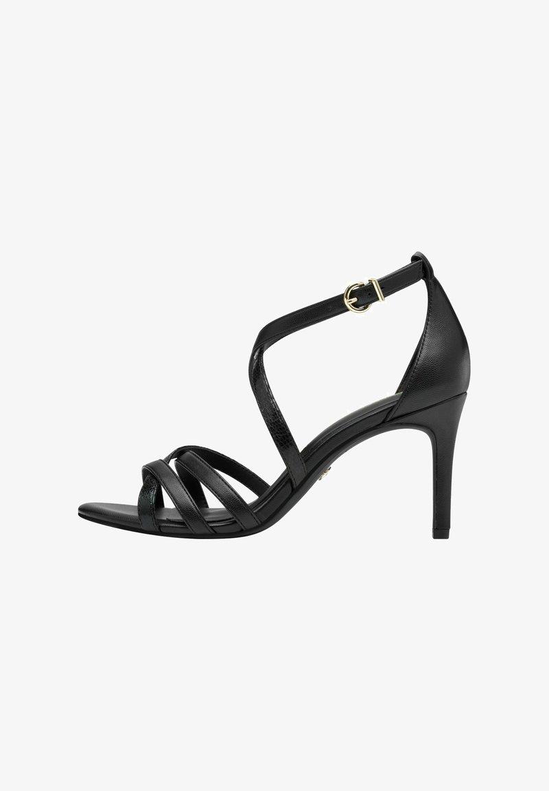 Sandale noire à talons hauts avec un design épuré, comportant plusieurs lanières croisées, une sangle à la cheville avec boucle, et une texture en cuir lisse.
