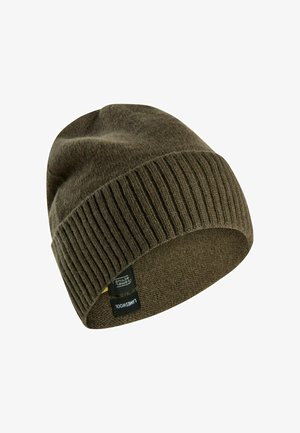 Bruine gebreide beanie van zachte wol, met een geribbelde boord en een glad, rond bovenstuk. Inclusief een label aan de zijkant.