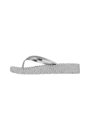 Silvery flip-flop featuring braided fabric straps, a flat sole, and a sleek metallic accent on the toe post. Textured grey upper.