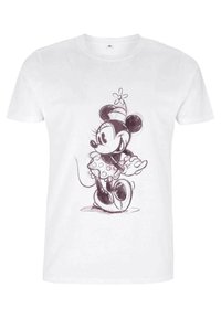 T-shirt bianco in cotone con un disegno di un topo in stile cartone animato che indossa un vestito a pois, con contorni neri e accenti di colore minimi.