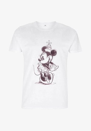 T-shirt en coton blanc arborant un croquis d'une souris de dessin animé portant une robe à pois, avec des contours noirs et des accents de couleur minimaux.