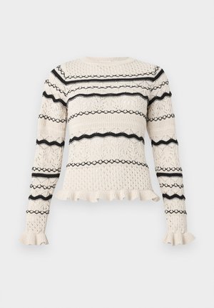 Sweater de malha creme com riscas horizontais pretas e padrões variados. Apresenta um corpo texturizado e punhos com franjas para um detalhe adicional.