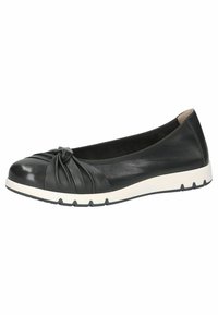 Ballerine in pelle nera con dettagli plissettati sulla punta e suola in gomma bianca con accenti testurizzati. Design classico ed elegante.