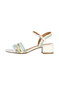 Sandal con tacco a strappo bianca, con dettagli in blu pastello, verde e giallo. Tacco quadro e cinturino alla caviglia con fibbia regolabile.
