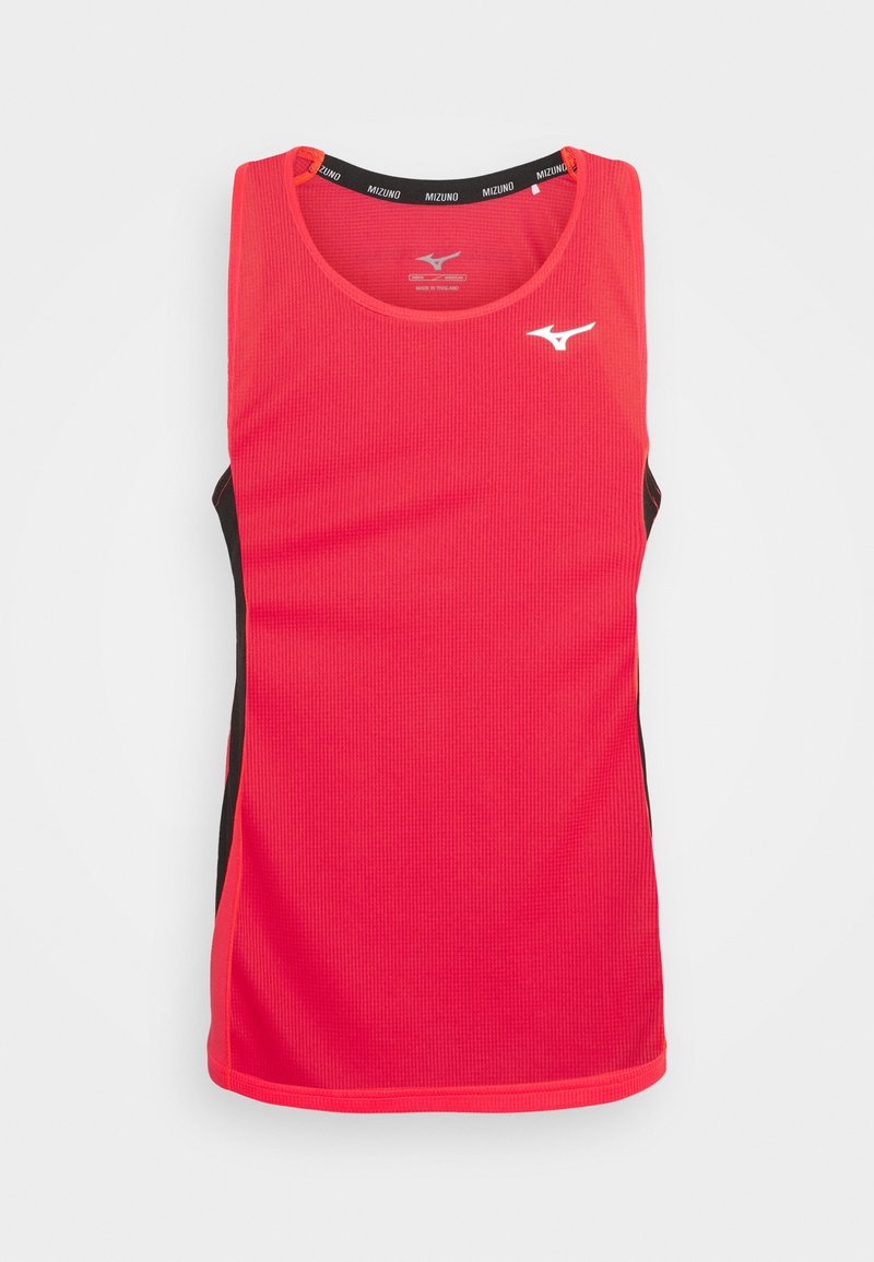 Débardeur athlétique rouge sans manches avec des panneaux latéraux noirs et le logo Mizuno blanc sur la poitrine et l'encolure intérieure.