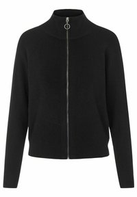 Pull noir à fermeture éclair avec col montant, texture côtelée et détails en métal argenté. Présente de longues manches et une silhouette ajustée.