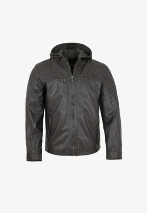 Schwarze Lederjacke mit grauer Kapuzenjacke und zwei mit Reißverschluss verschließbaren Brusttaschen. Verfügt über einen Reißverschluss vorne und eine glatte Oberfläche.