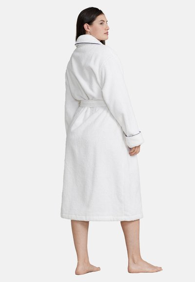 White plush bathrobe with a shawl collar, belted waist, and cuffed sleeves, featuring contrasting blue stitching along the collar and cuffs.