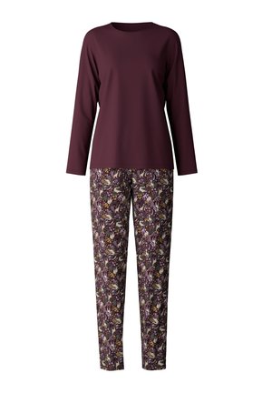 Bordeaux lange mouw top met een ronde halslijn, gecombineerd met gestreepte broek met bloemen- en dierenontwerpen in paars, geel en crème.