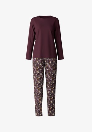 Maroon long-sleeve top with a round neckline paired with patterned pants featuring floral and animal designs in purple, yellow, and cream.