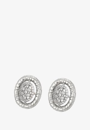 Silberne, runde Ohrringe mit filigranen Blumen- und Weinmustern, die kleine eingearbeitete funkeltende Kristalle aufweisen.