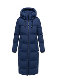 Navy puffer coat with a hood, long design, zip front, side pockets, elastic cuffs, and quilted pattern for insulation.